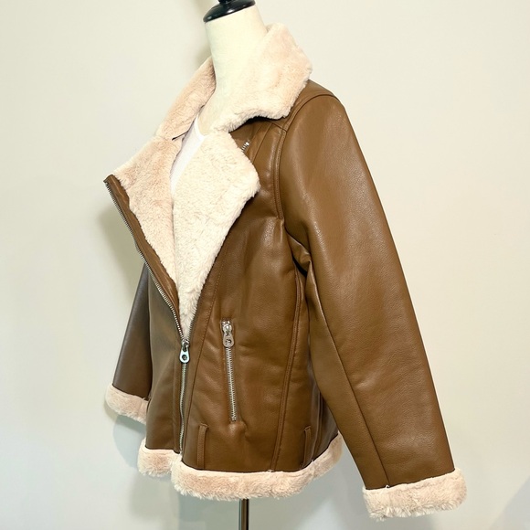 H&M Divided Brown Vegan Leather Shearling Faux Fur Oversized Moto Biker Jacket - Picture 6 of 9